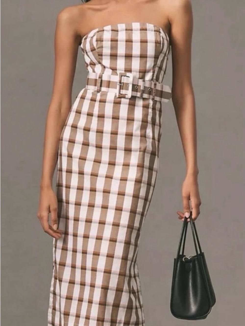Anthropologie Brown & White Strapless Gingham Belted Midi Dress XL - Picture 1 of 7